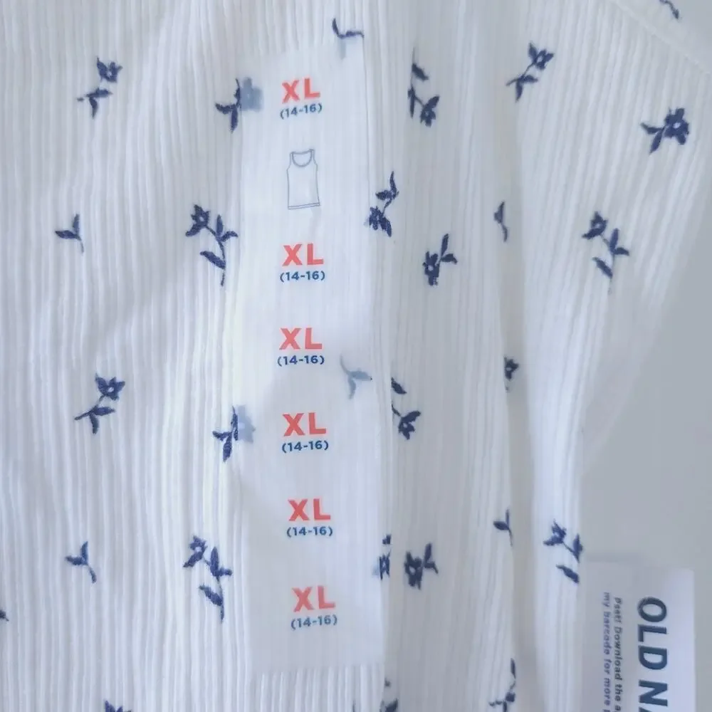 Old Navy White Tank Top White Blue Floral Design XL 14-16 Girls